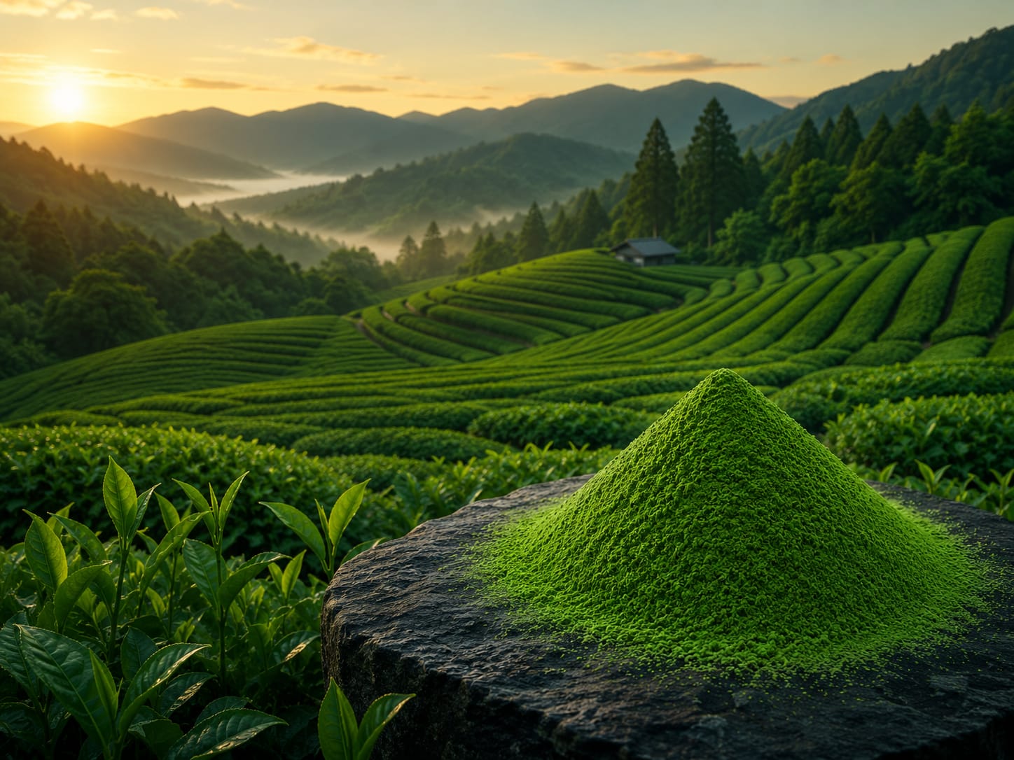 Plantation de matcha en Chine au lever du soleil